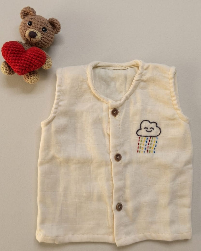 Softest Cloud Design Hand Embroidered  Double Layered Muslin Jhabla