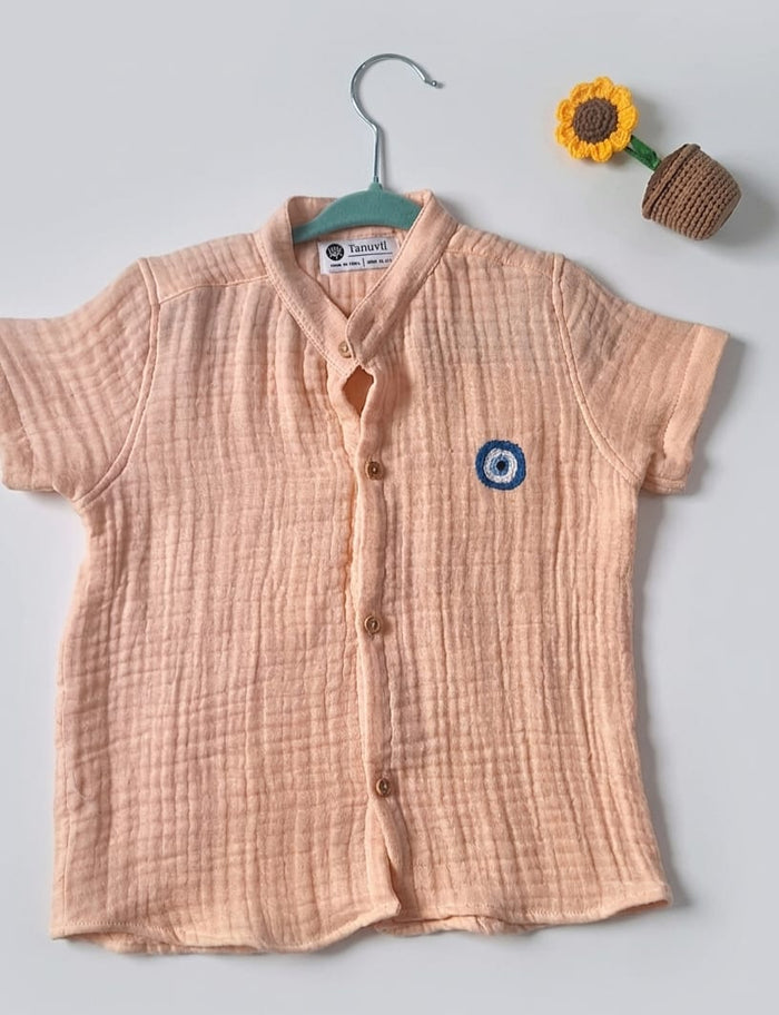 Evil Eye Embroidered Peach Crinkle Muslin Shirt