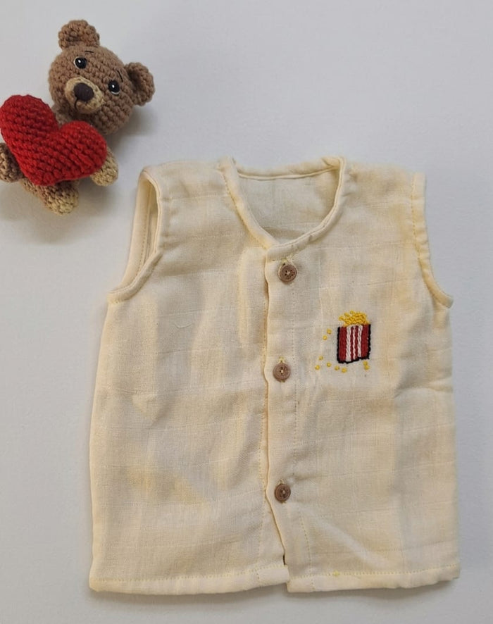 Yellow Double Layered Muslin Jhabla with Popcorn Embroidery