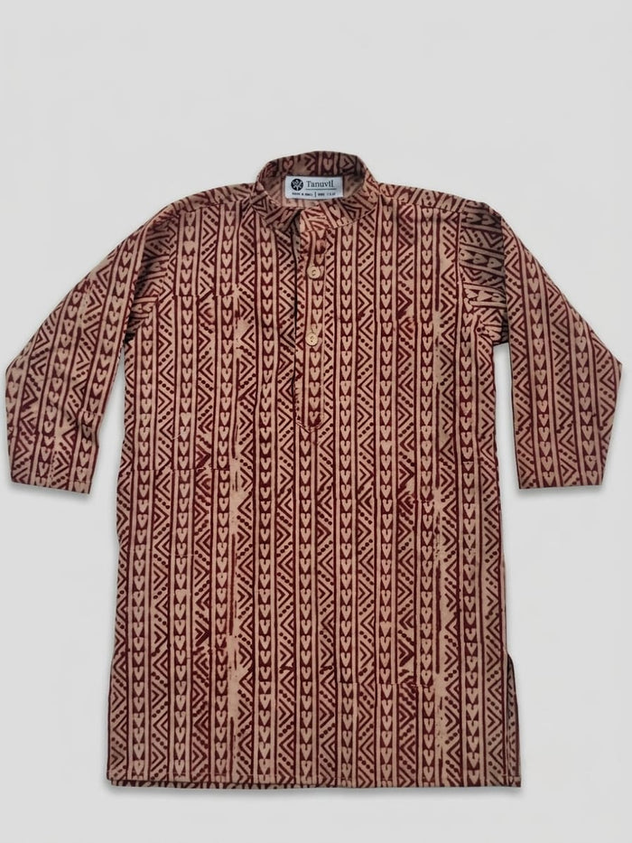 Hearts Cotton Hand-Block printed Kalamkari Kurta for Boys - Madder Red