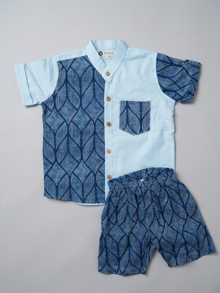 Blue Half & Half Geometric Pattern Block-Print Coord Set —Handmade Boys' Shirt & Shorts