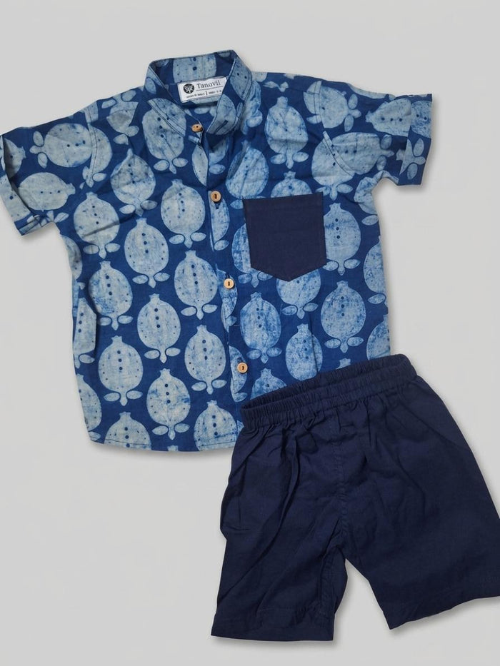 Blue Pomegranate Fusion Block-Print Coord Set —Handmade Boys' Shirt & Shorts