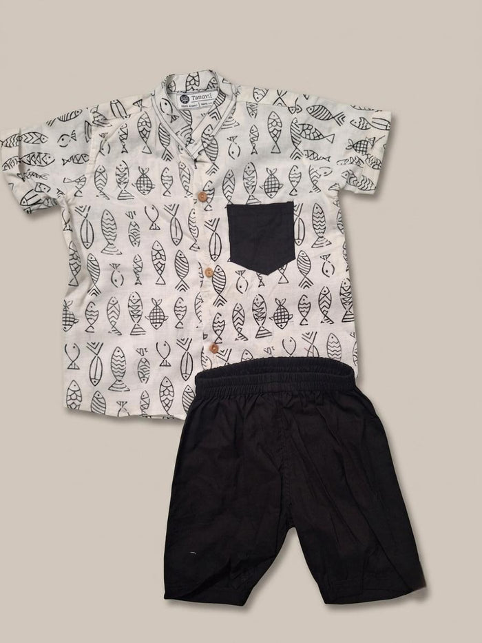 White Fusion Fish Block-Print Coord Set —Handmade Boys' Shirt & Shorts