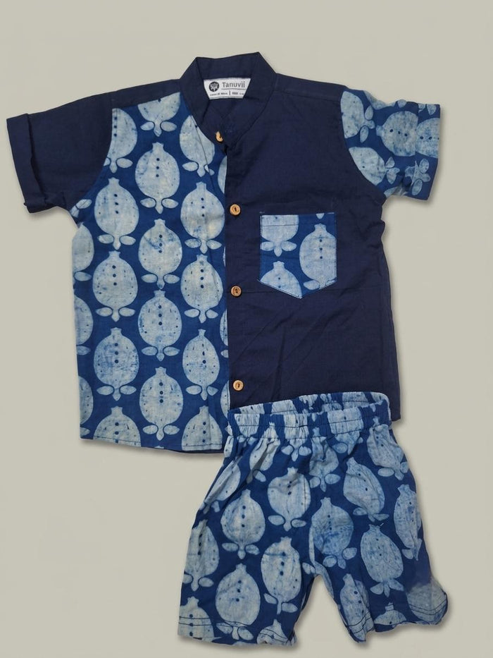 Blue Half & Half Pomegranate Block-Print Coord Set —Handmade Boys' Shirt & Shorts