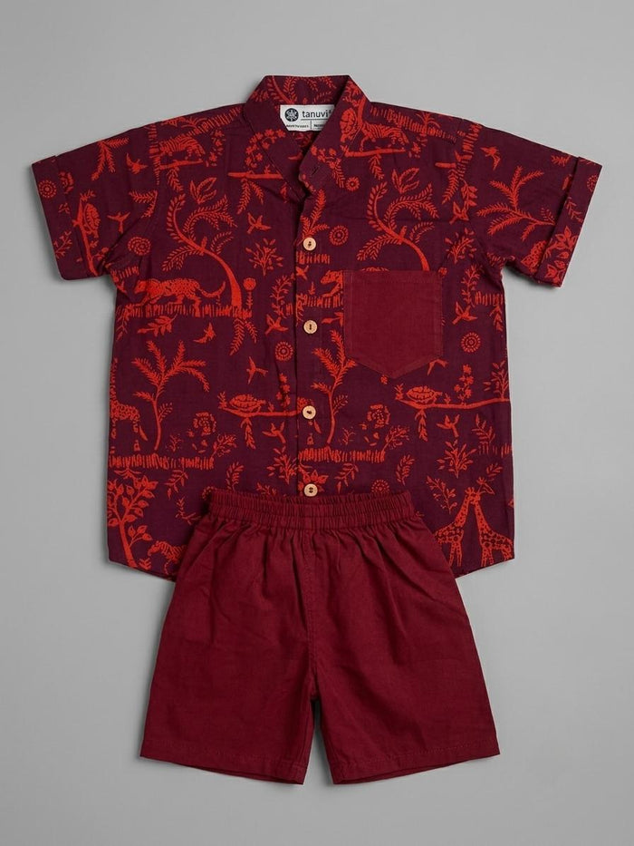 Red Fusion Forest Block-Print Coord Set —Handmade Boys' Shirt & Shorts