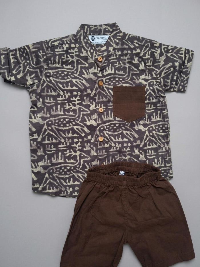 Brown Fusion Animal Block-Print Coord Set —Handmade Boys' Shirt & Shorts