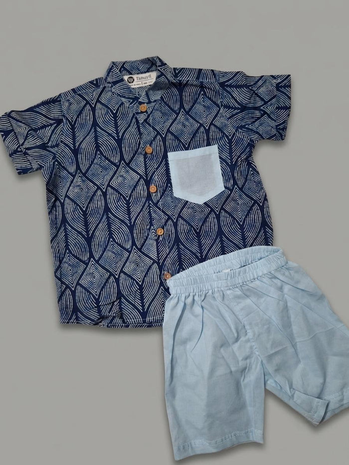 Blue Geometric Fusion Block-Print Coord Set —Handmade Boys' Shirt & Shorts