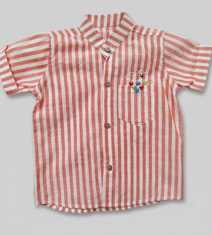 Peach Cloud Mangalagiri Striped Shirt | Handloom Cotton Shirt with Hand Embroidery