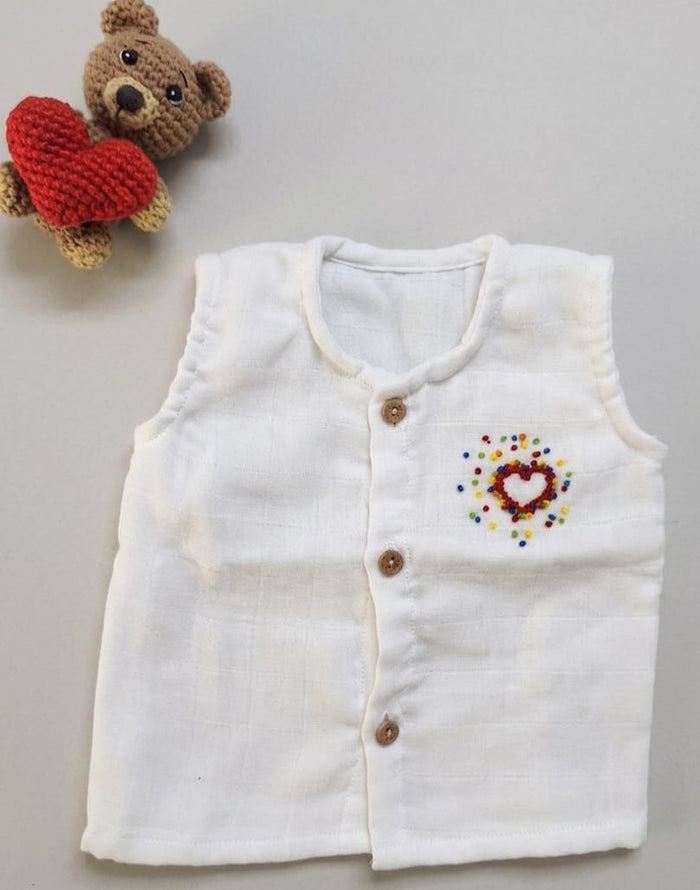 Soft White Double Layered Muslin Jhabla with Heart Embroidery