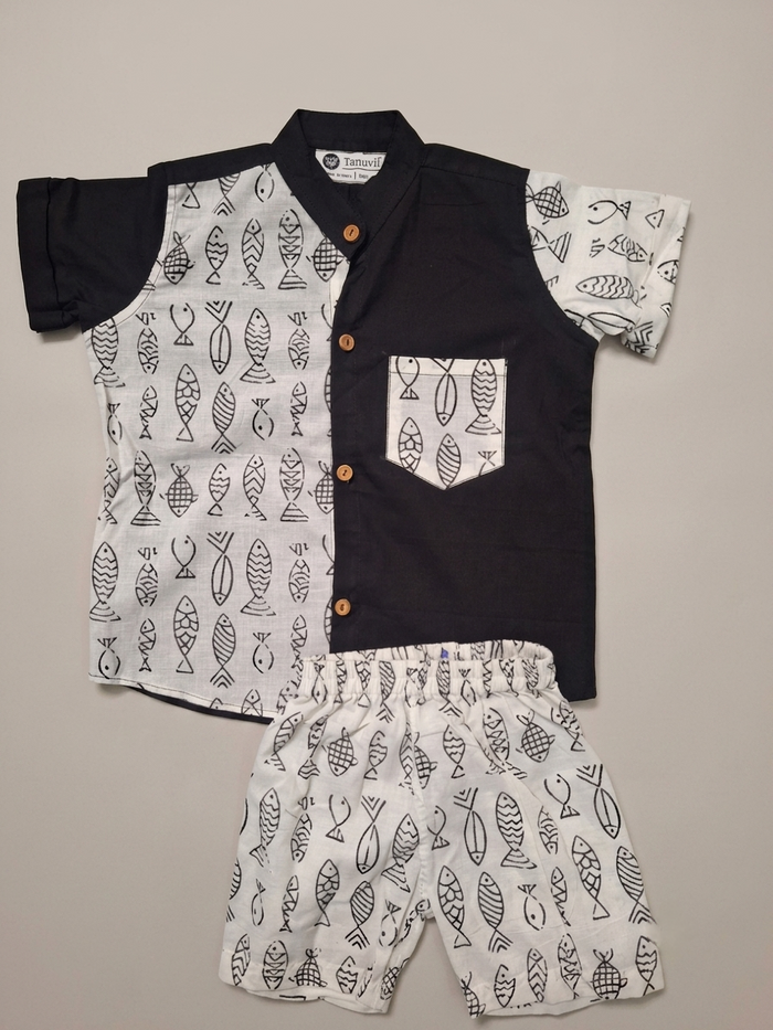 White Half & Half Fish Block-Print Coord Set —Handmade Boys' Shirt & Shorts