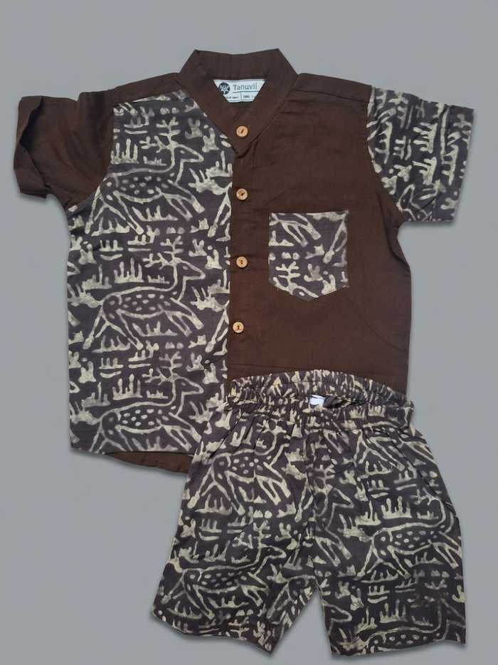 Brown Half & Half Animals Block-Print Coord Set —Handmade Boys' Shirt & Shorts
