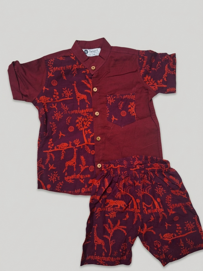 Red Half & Half Forest Block-Print Coord Set —Handmade Boys' Shirt & Shorts